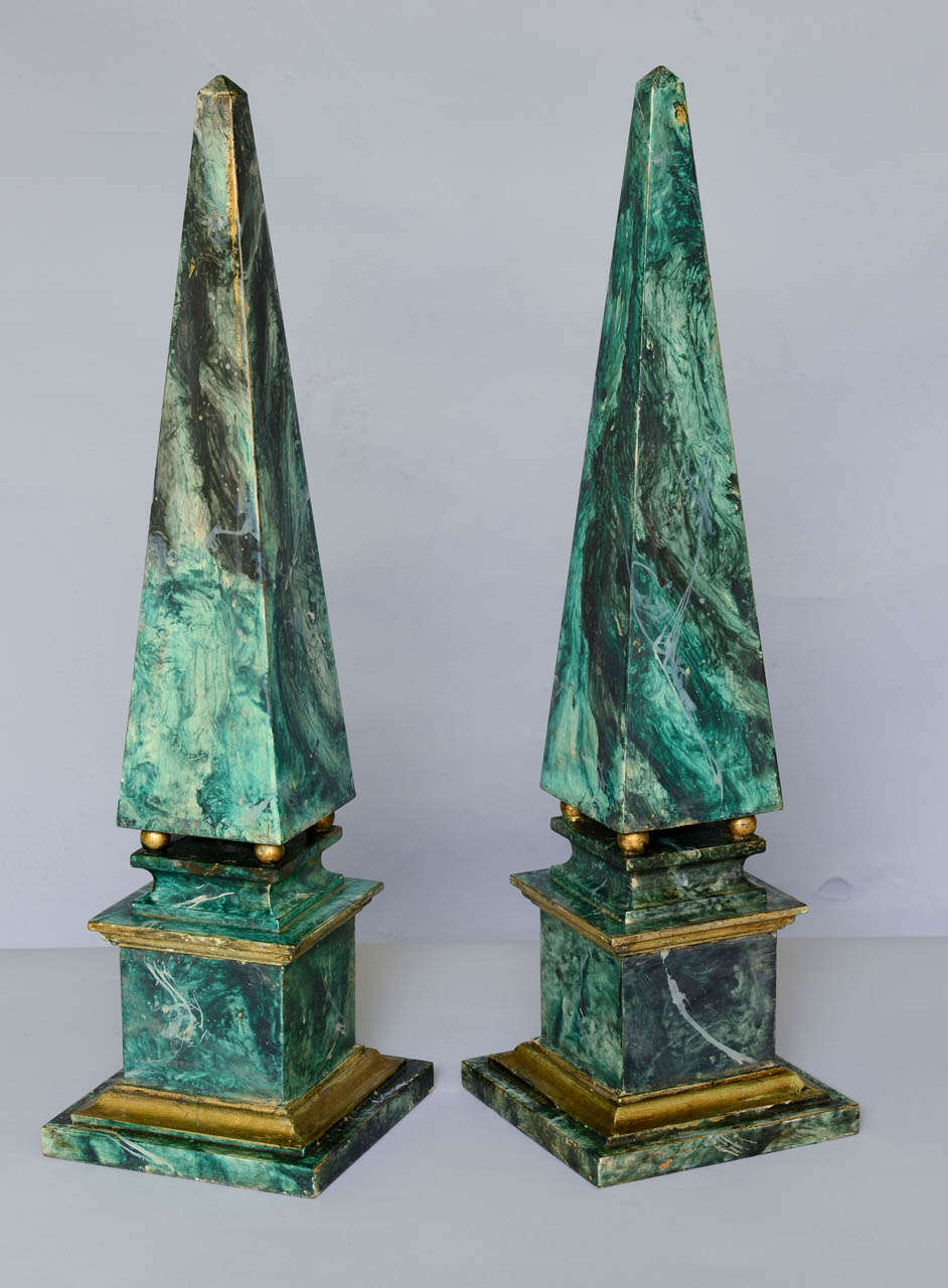 Italian Pair of Faux Painted Wooden Obelisks For Sale