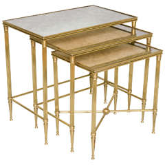 Jansen Style Nest of Brass Stack Tables with Mirrored Tops