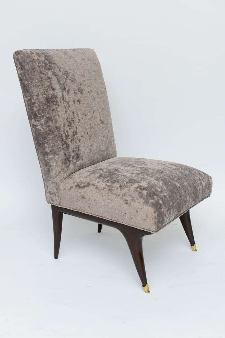 Mid-Century Modern 1950s Italian Walnut and Velvet Slipper Chairs