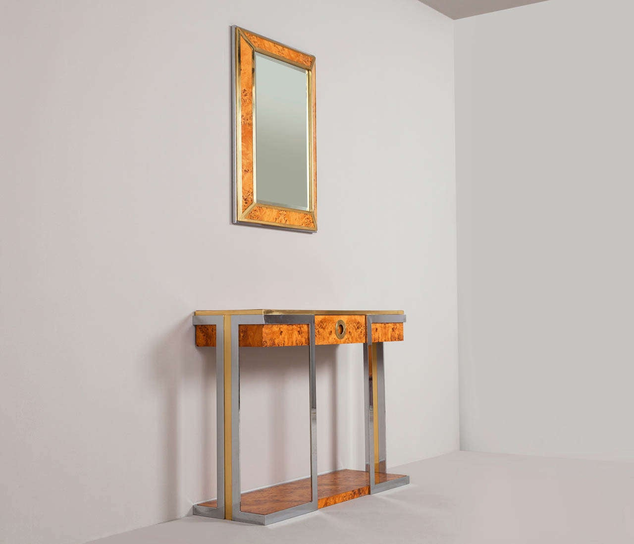Modern Wall Console and Mirror in Mappa Burl Wood, Chrome and Brass