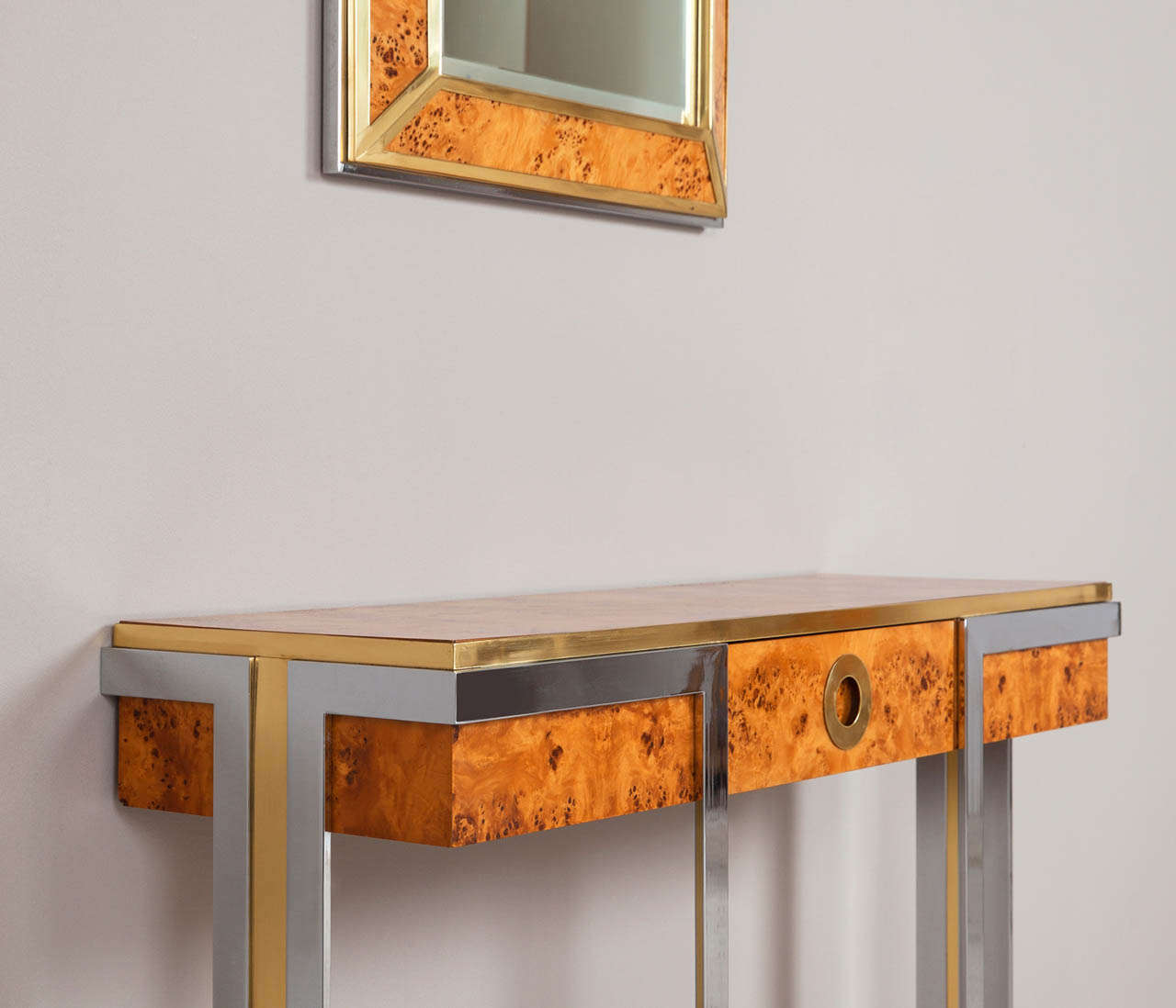 Italian Wall Console and Mirror in Mappa Burl Wood, Chrome and Brass