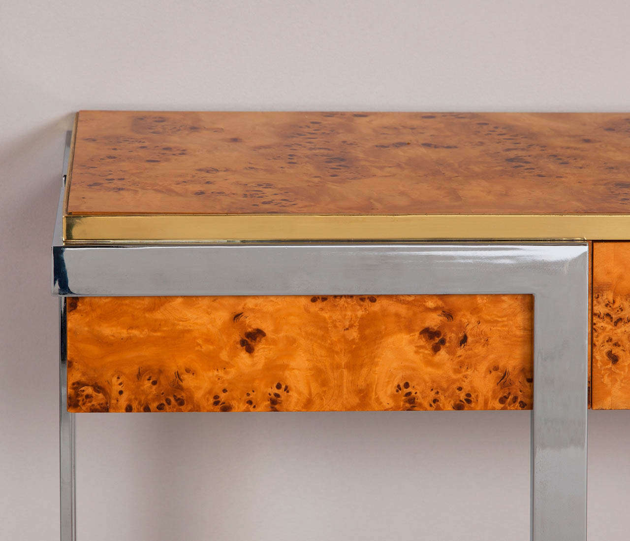 Wall Console and Mirror in Mappa Burl Wood, Chrome and Brass 1