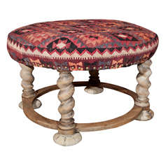 Vintage Bleached Oak Ottoman with Kilim Upholstery