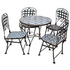 Antique Child's Tile Top Table and Folding Metal Chairs