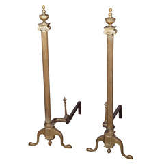 Pair Brass Federal Style Fluted Ionic Column Andirons