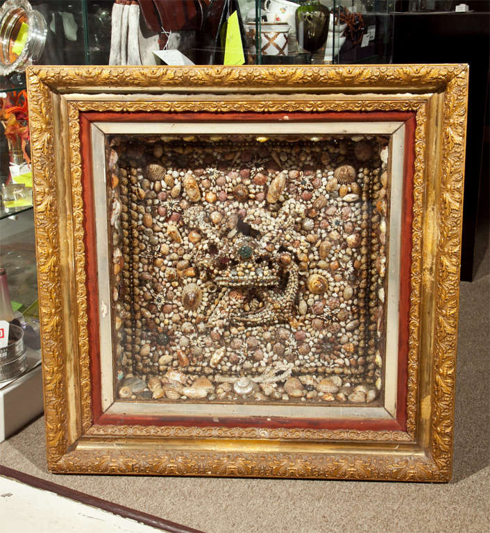 Wonderful Victorian Shadow Box Sailors Valentine with cross, crown and anchor in period frame.