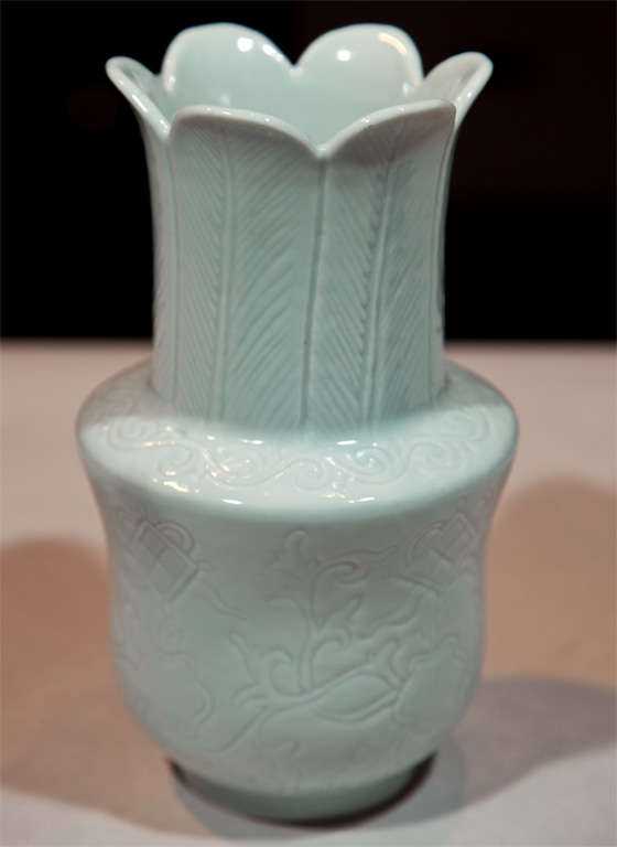 Chinese Pair Celadon Vases on Carved Wood Bases
