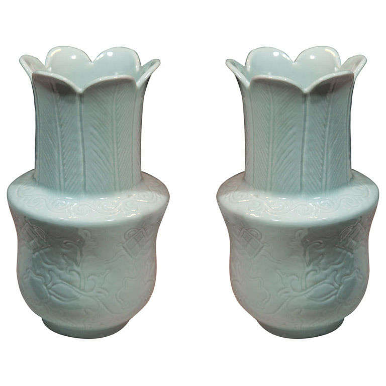 Pair Celadon Vases on Carved Wood Bases
