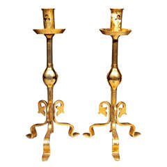 Vintage Pair of Gold Gilt Bronze Gothic Style Candlesticks