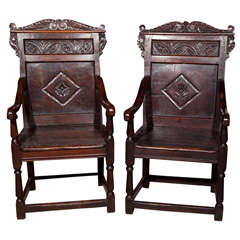 Pair Wainscott Antique Oak Armchairs Jacobean Carved*