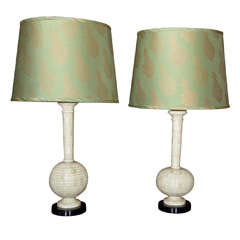 Pair of Indian Bone Vases, now mt.as table lamps, w/marble bases