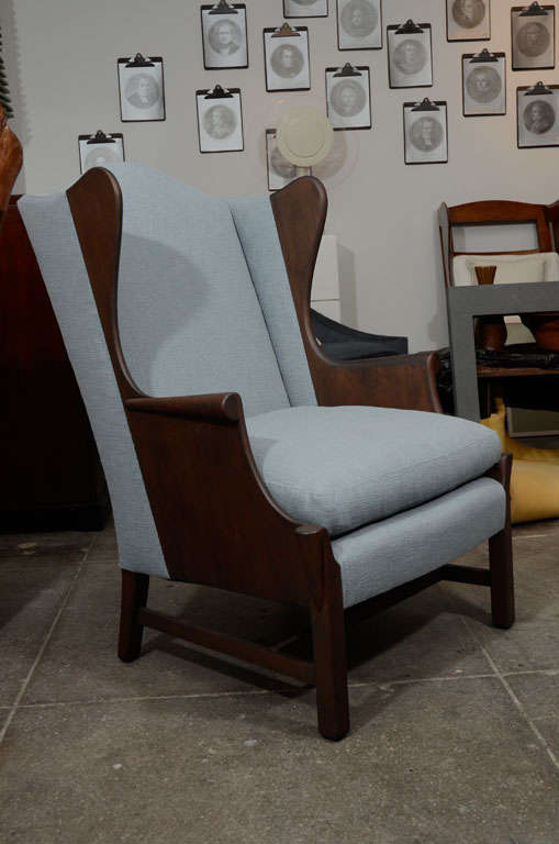 Stickley Armchairs with wood side panels, wings, & stretchers reupholstered in a sky blue.