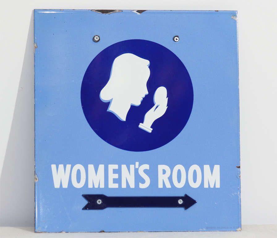 Porcelain enamel Women's Restroom Sign with right-pointing arrow.