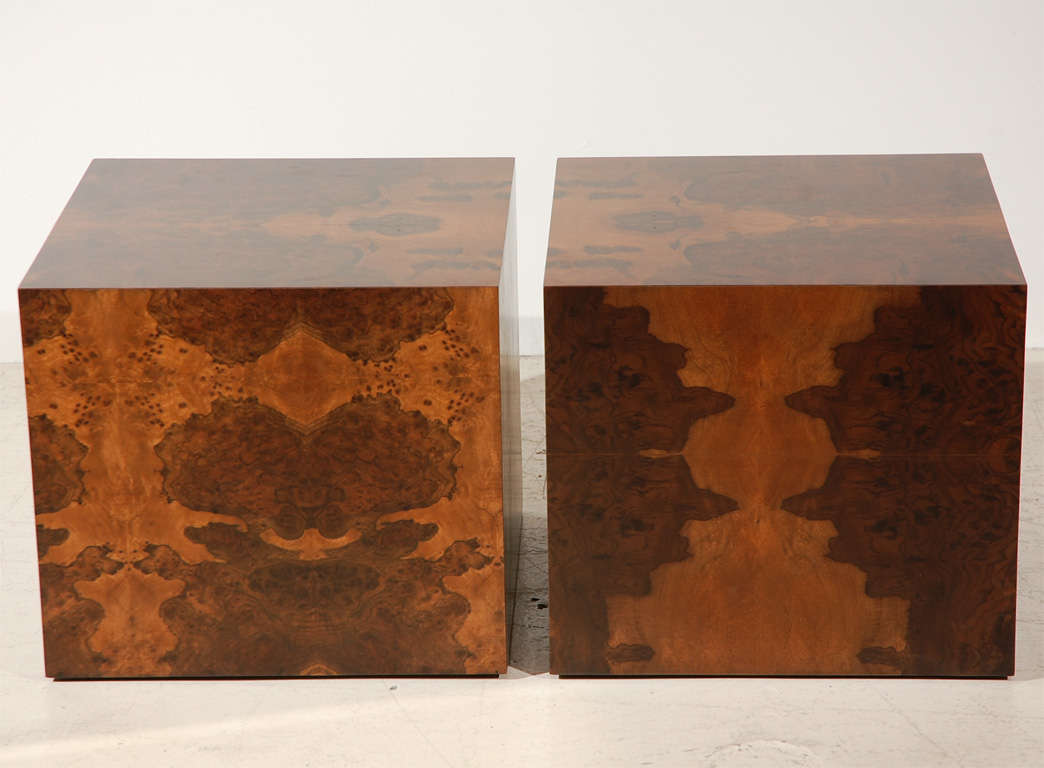 The Burl Cube Table is a cube shaped side table that is covered on 5 sides with American Walnut burlwood.  Custom sizes available to order.