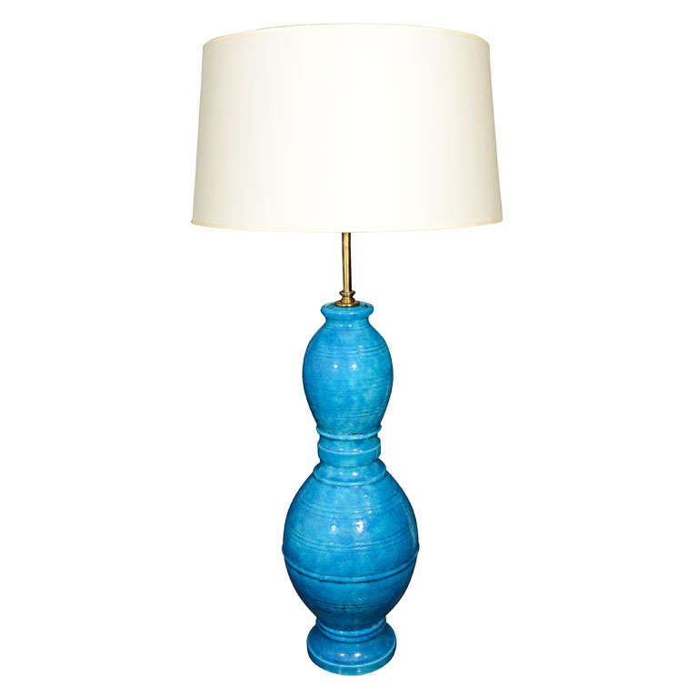 Lampe de bureau italienne en céramique bleue incisée par Raymor