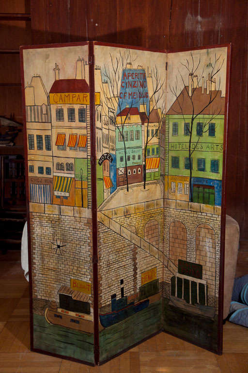 Charming handpainted plywood screen of a French or Italian city. Hand-painted on plywood.