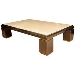 A Rectangular Travertine and Brass Low Coffee Table.