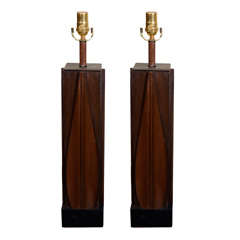 Pair Hand-Carved Mahogany Leaf Lamps