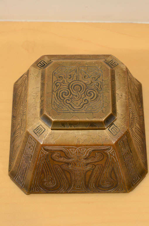 Large Tiffany Studios Inkstand, Chinese Pattern, Brown Patina, marked Tiffany Studios, N.Y. 1753, original large glass insert,  measuring 6 1/4