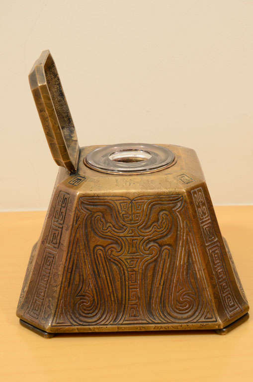 Bronze Tiffany Studios Inkwell, Chinese Pattern For Sale