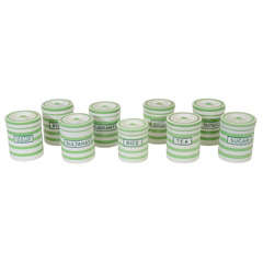 Collection of 9 Antique Green & White Canisters, England, 20th C