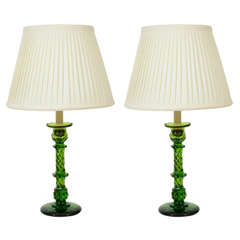 Pair 19th C. English Green Glass Candlestick Lamps