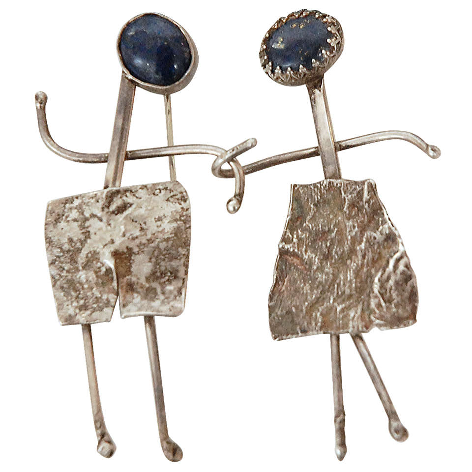 Pair of Modernist Silver and Lapiz Pins For Sale