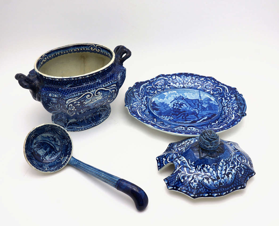 J Hall 19th C. "Quadrupeds" Blue & White Sauce Tureen, Stand & Ladle