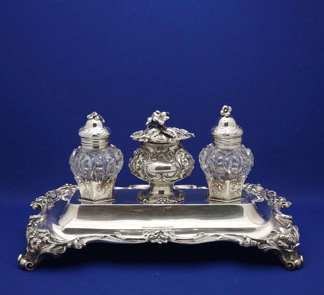 British Victorian Sterling Silver & Cut Crystal Double Inkwell Rawlings & Sumner