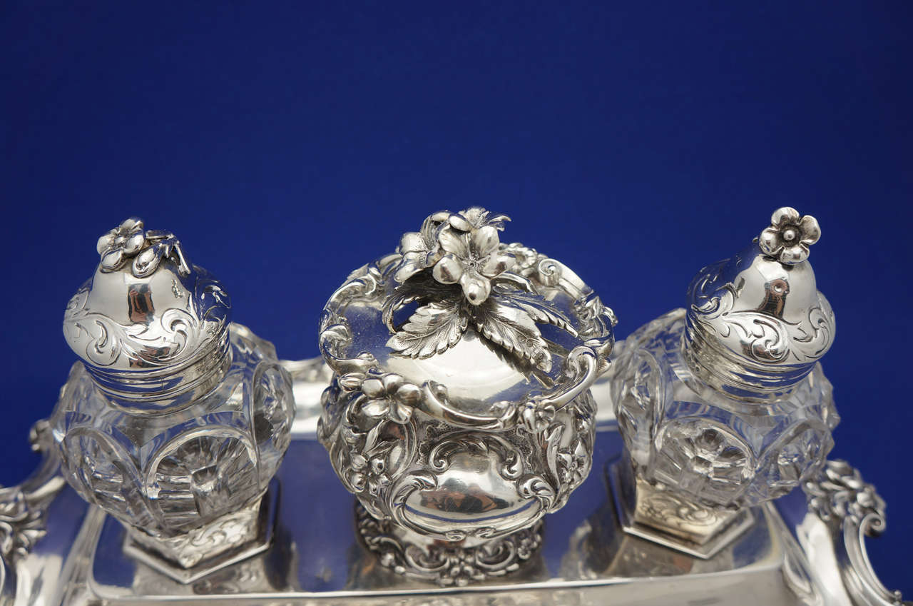 Victorian Sterling Silver & Cut Crystal Double Inkwell Rawlings & Sumner In Excellent Condition In Great Barrington, MA