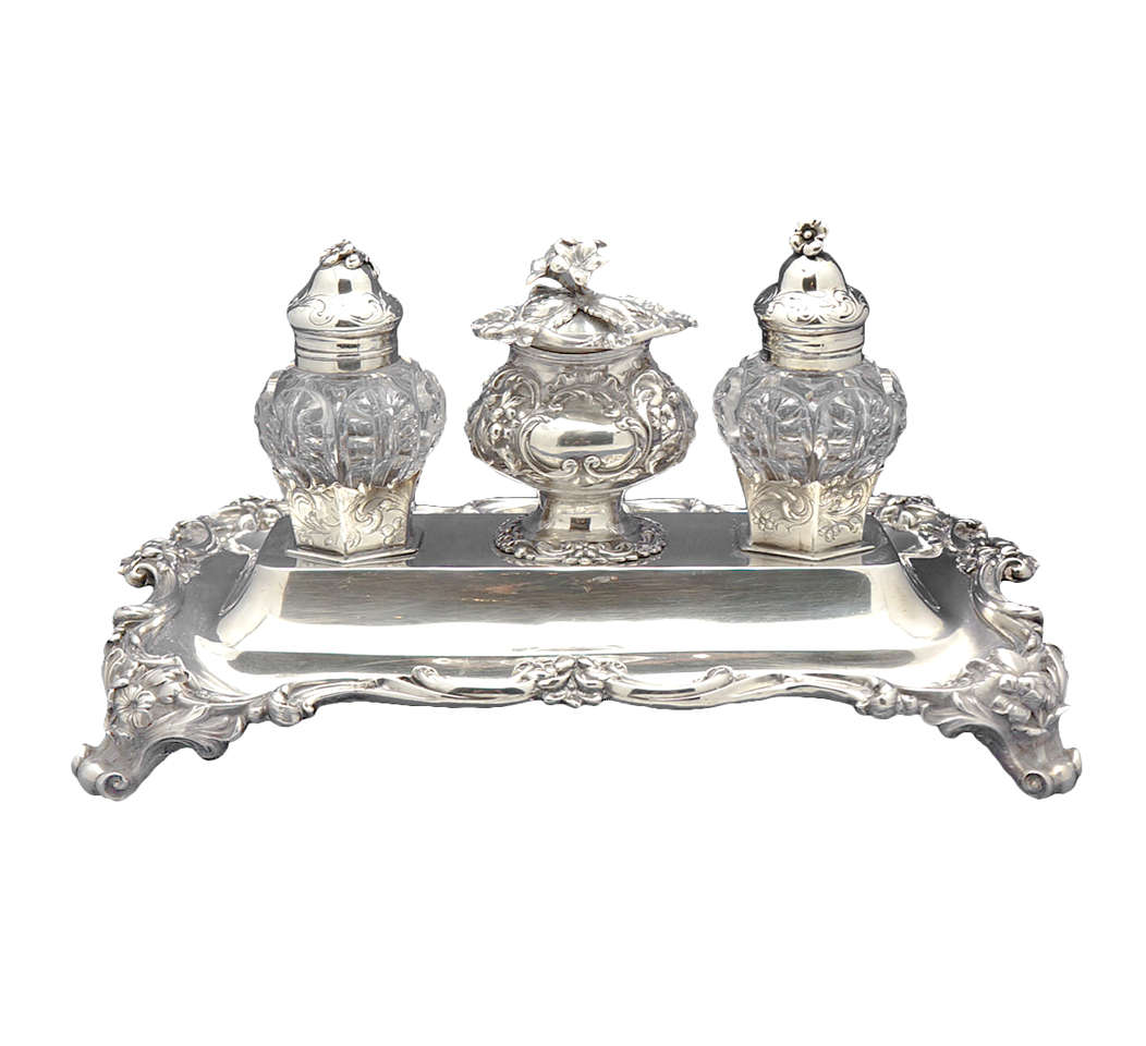 Victorian Sterling Silver & Cut Crystal Double Inkwell Rawlings & Sumner
