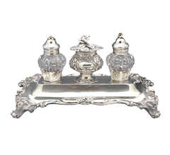Antique Victorian Sterling Silver & Cut Crystal Double Inkwell Rawlings & Sumner