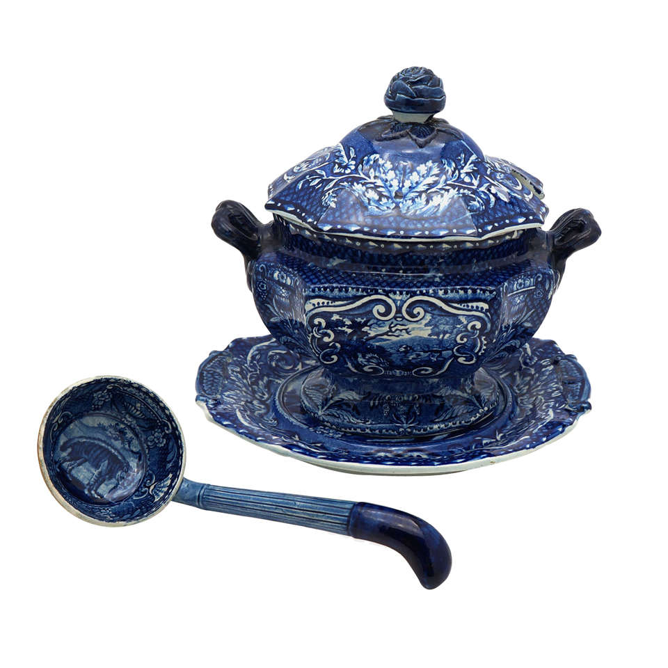 J Hall 19th C. "Quadrupeds" Blue and White Sauce Tureen, Stand and