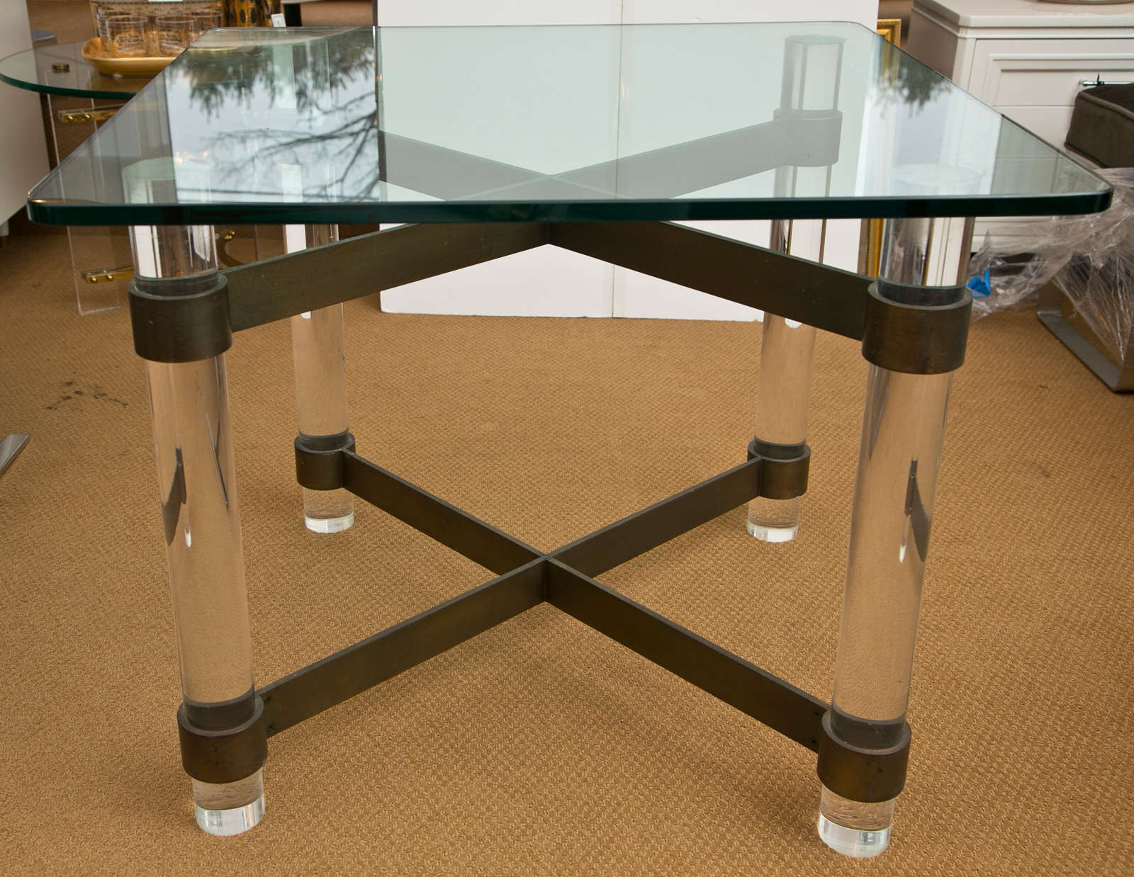 Karl Springer thick lucite and brass card table. 