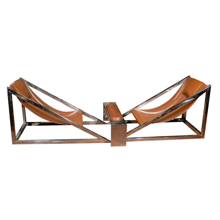 Archizoom Leather and Chrome Sling Chairs with Shared Ottoman at 1stdibs