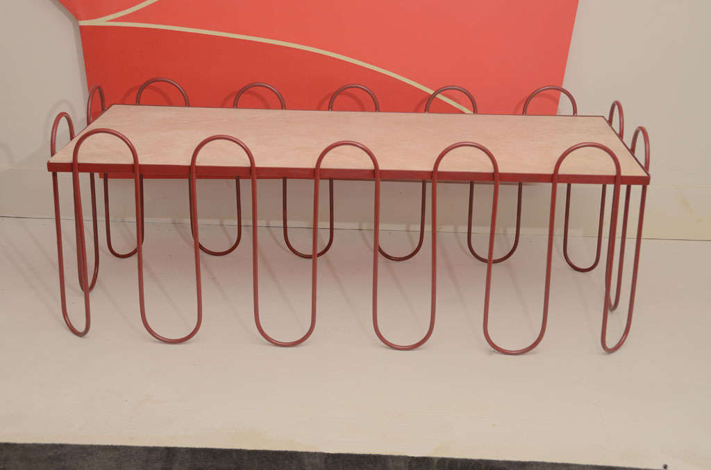 Red Metal & Travertine Marble Large Coffee Table