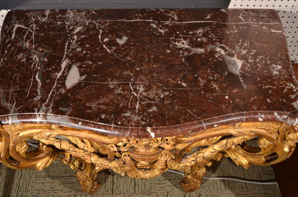 Louis XV Wood Carved Gold Leaf Console Table with French Marble Top, Early 20th Century For Sale