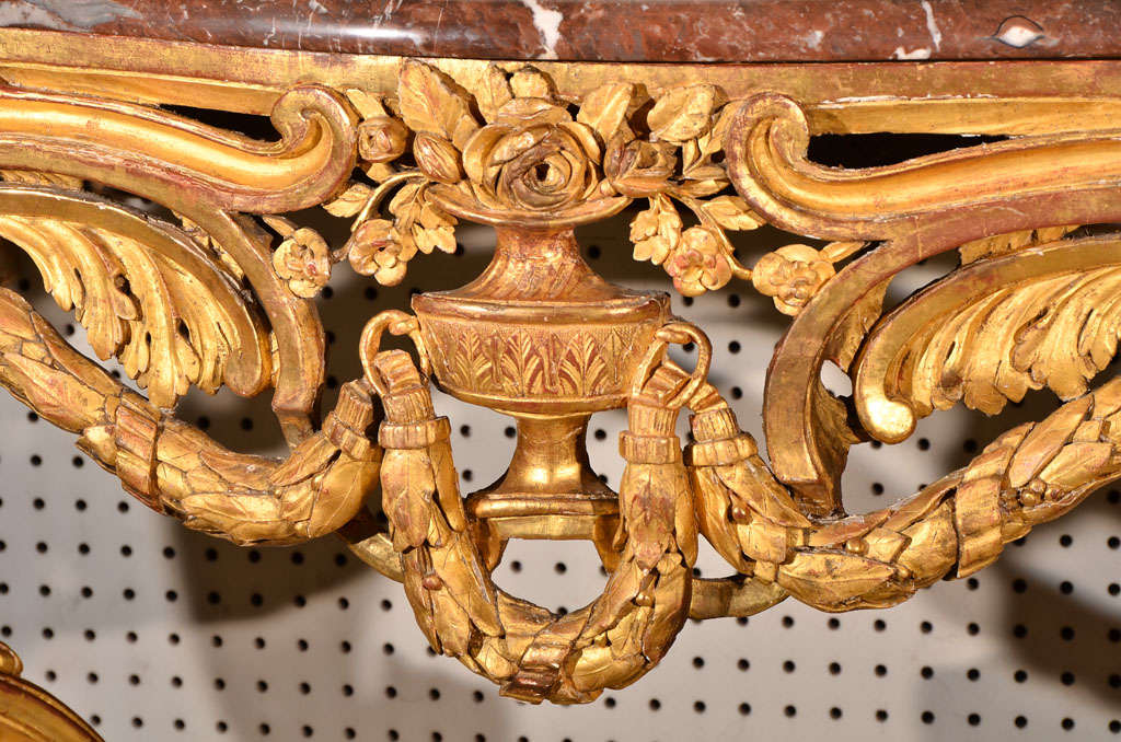 Wood Carved Gold Leaf Console Table with French Marble Top, Early 20th Century For Sale 1