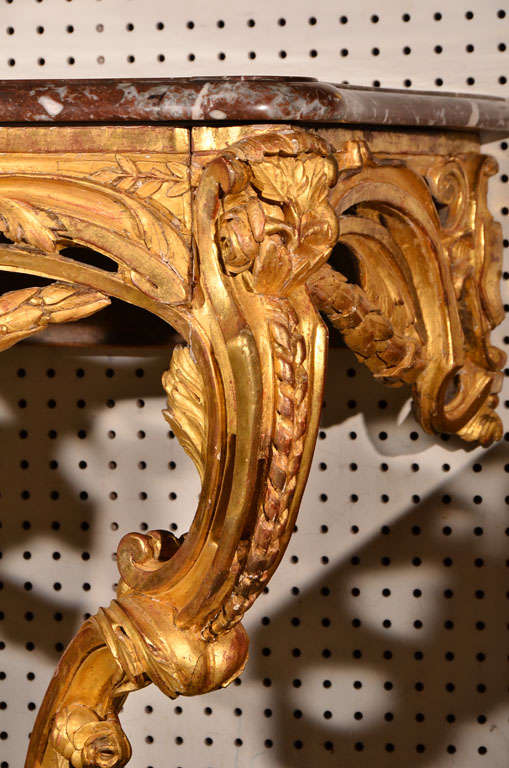 Wood Carved Gold Leaf Console Table with French Marble Top, Early 20th Century For Sale 4