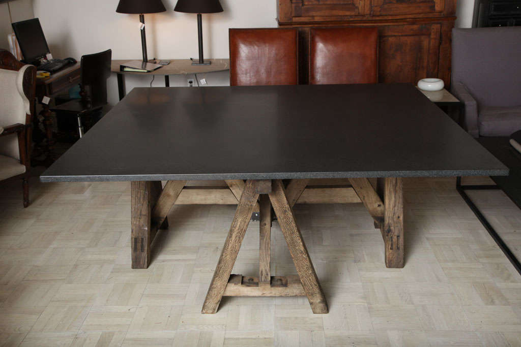 Contemporary Oak Base Table with Stone Top In Excellent Condition In New York, NY