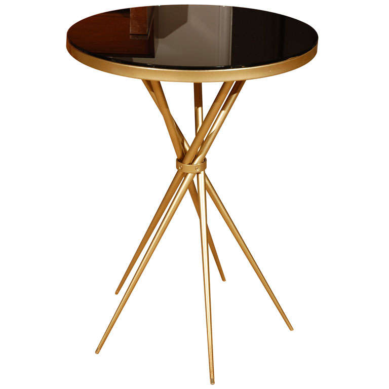 Brass and Black Glass Hollywood Regency Side Table