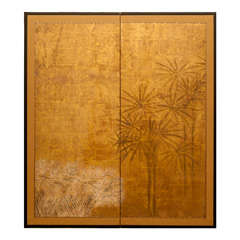 Antique Japanese Screen: Papyrus on Gold with Twig Fence