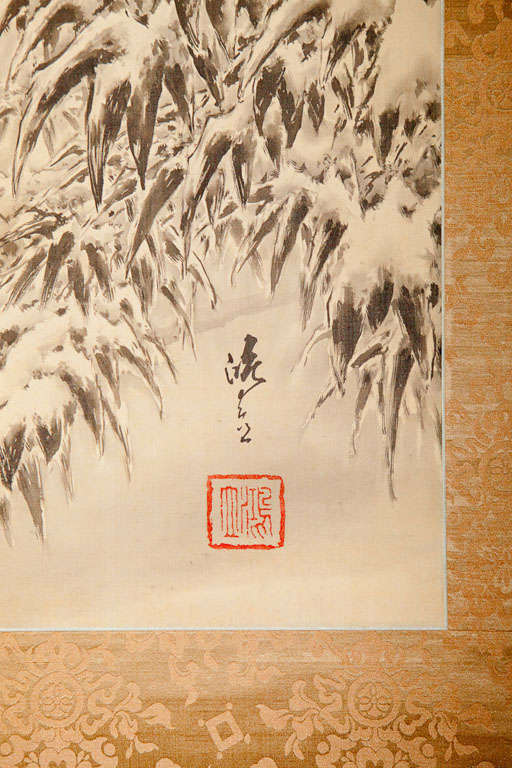 Japanese Scroll: Winter Scene, Pine, Plum and Bamboo.  
Signature and Seal of artist: K. Kawakami (1871-1957)
With original sugi box.