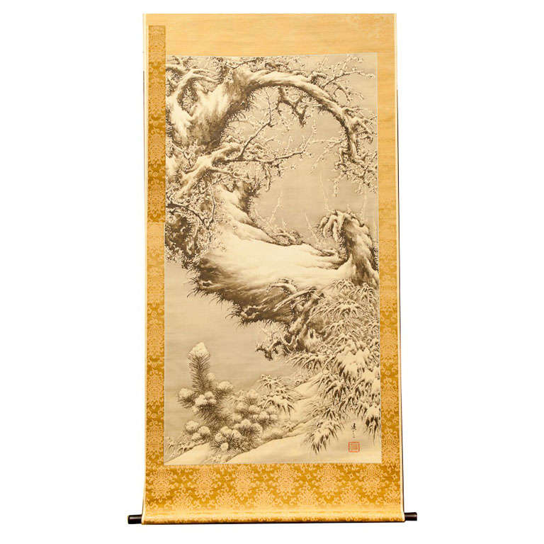 Japanese Scroll "Winter Scene, Pine, Plum and Bamboo"