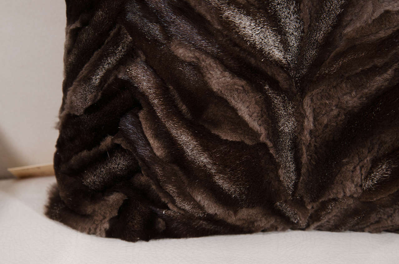 Contemporary Custom Brown Silver Fox Pieced and Sheared Pillow with Chocolate Leather Back