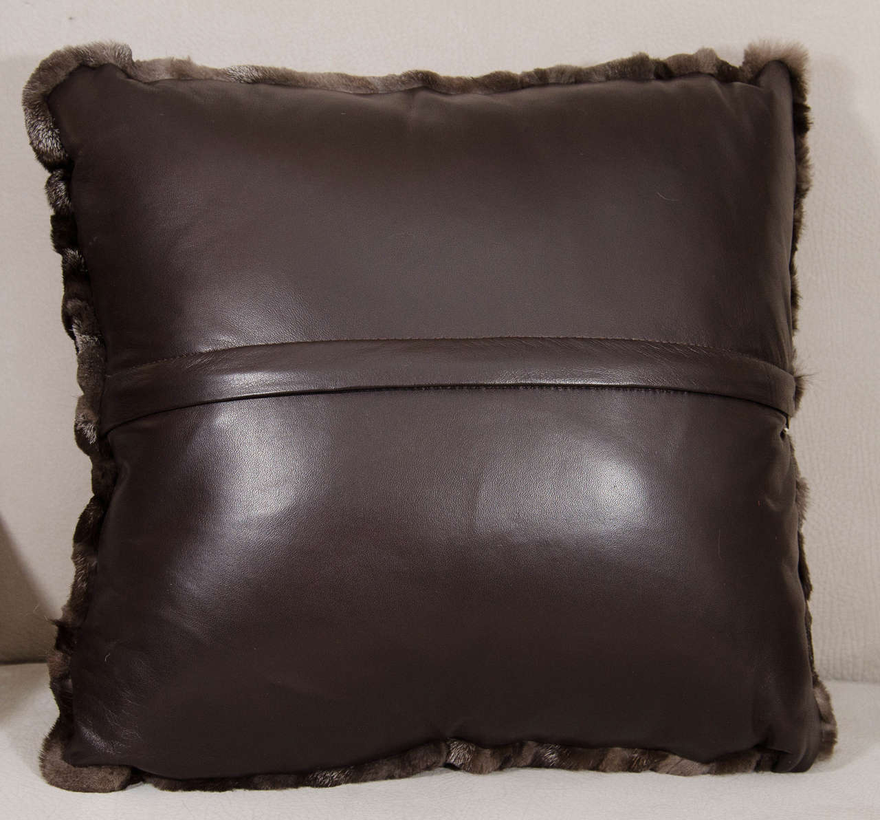 Foam Custom Brown Silver Fox Pieced and Sheared Pillow with Chocolate Leather Back