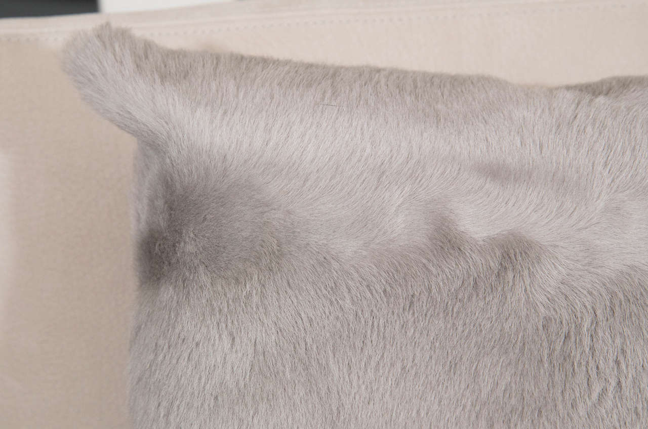 Custom Grey Sheared Goat Pillow with Leather Backing In Excellent Condition In New York, NY