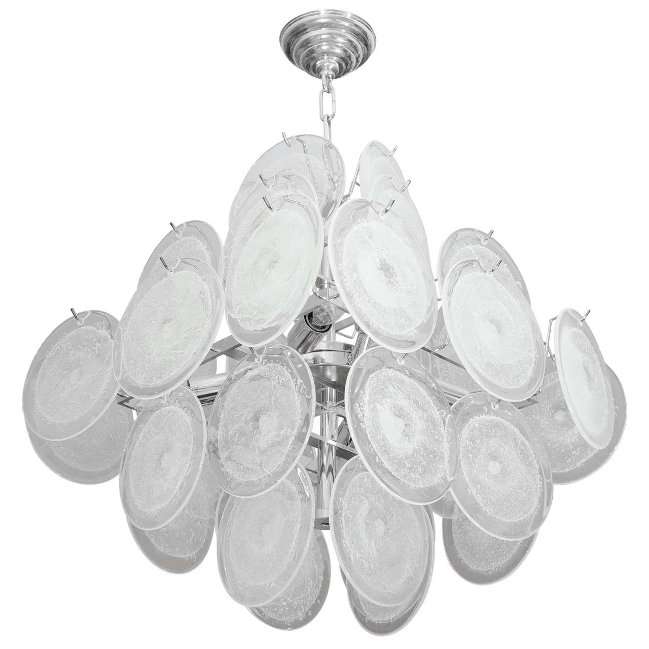 Custom Clear Bubble Murano Glass Disc Chandelier in Double Pyramid Shape For Sale