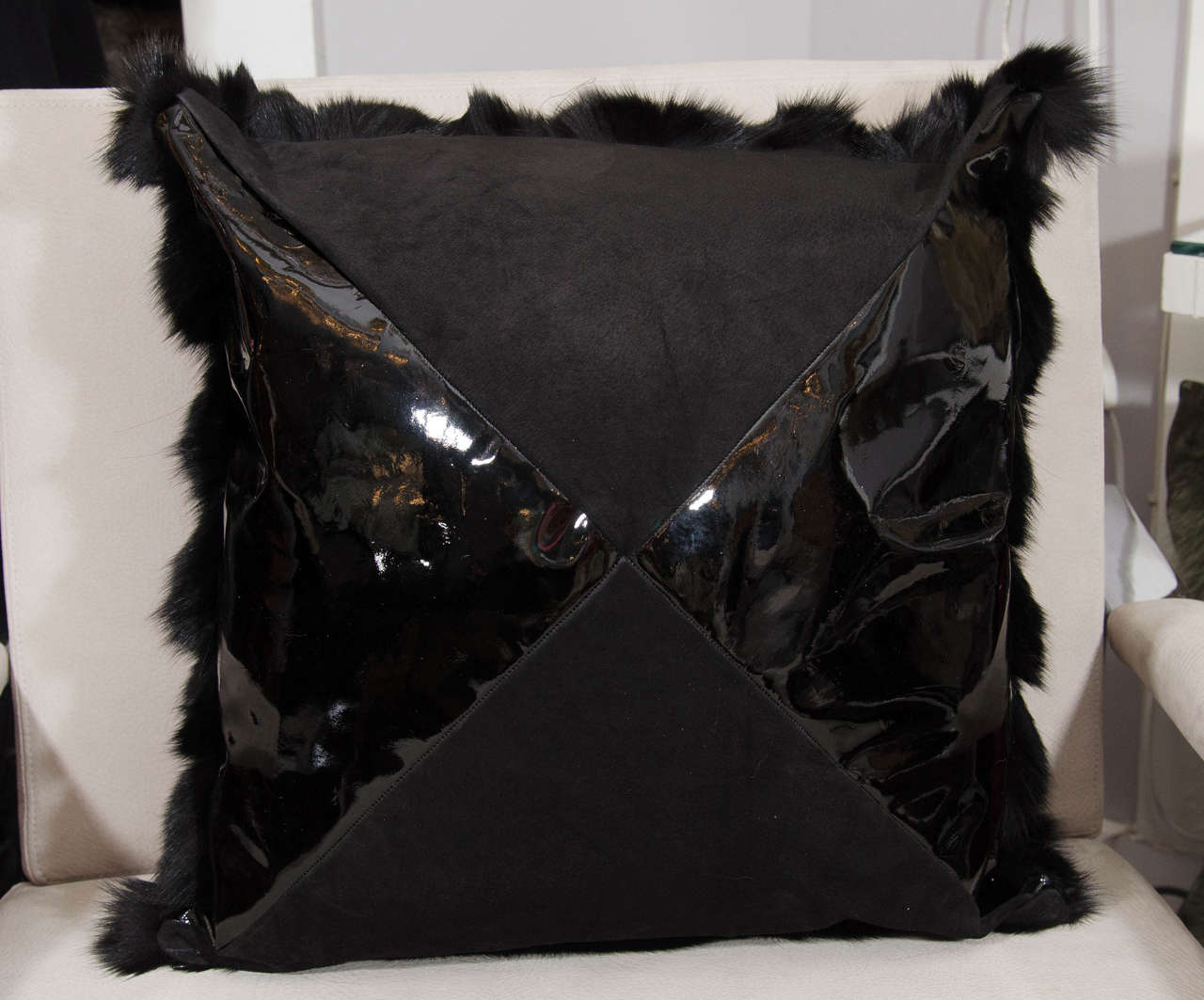 Contemporary Custom Black Pieced Fox Pillow with Suede and Diamond Pattern Backing