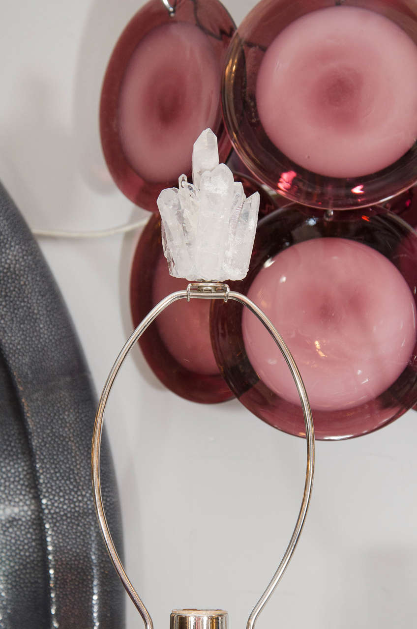 Modern Pair of Custom Clear Quartz Crystal Lamps with Ebony Bases